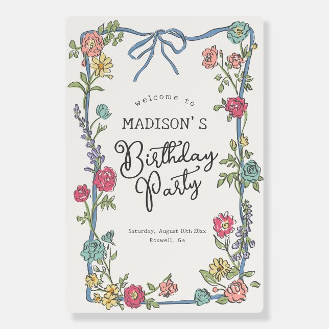 Summer Garden Party Floral Birthday Welcome Sign (Front)