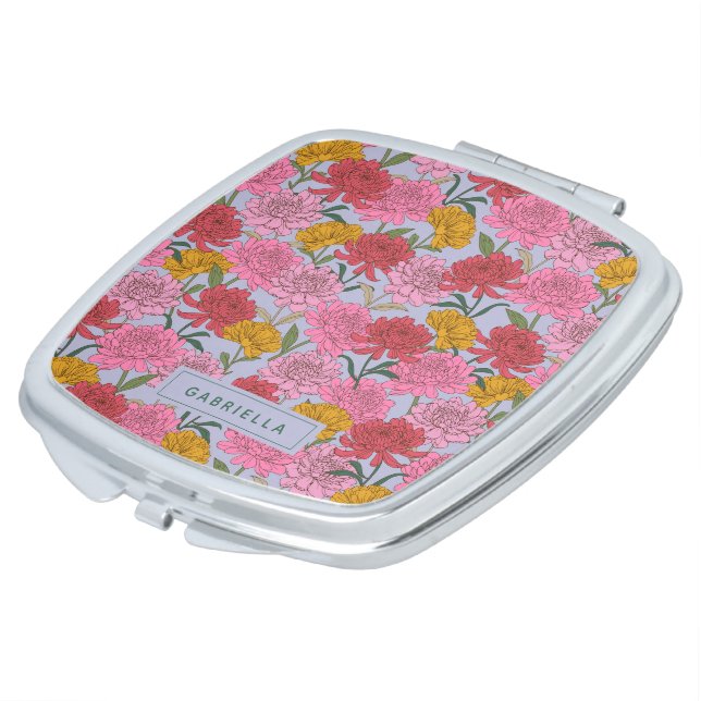 Summer Garden Pink Floral Bridesmaid Personalized Compact Mirror (Turned)