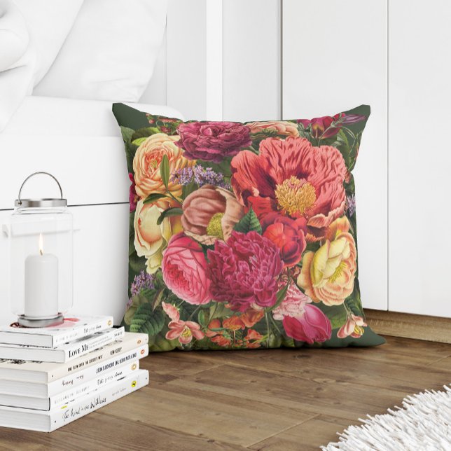 Summer garden red yellow pink and green flowers throw pillow (Creator Uploaded)