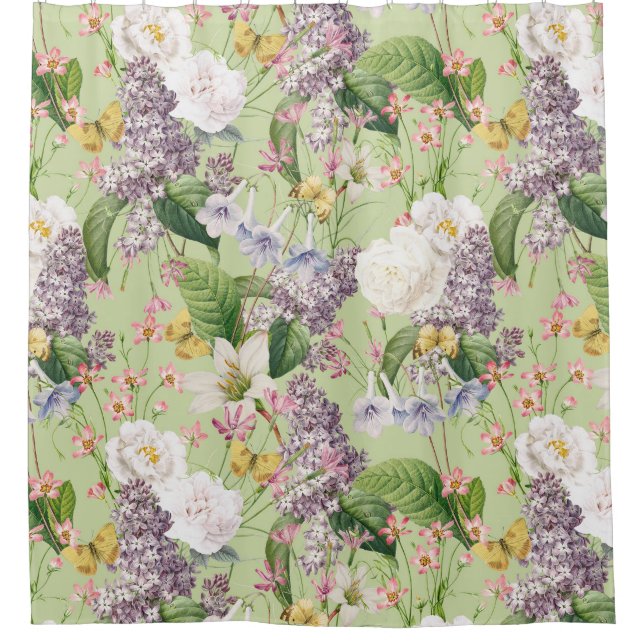 Summer Garden - Vintage Redouté Cottage Flowers Shower Curtain (Front)