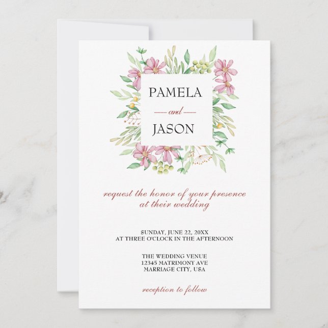 Summer Garden Watercolor Floral wedding Invitation (Front)