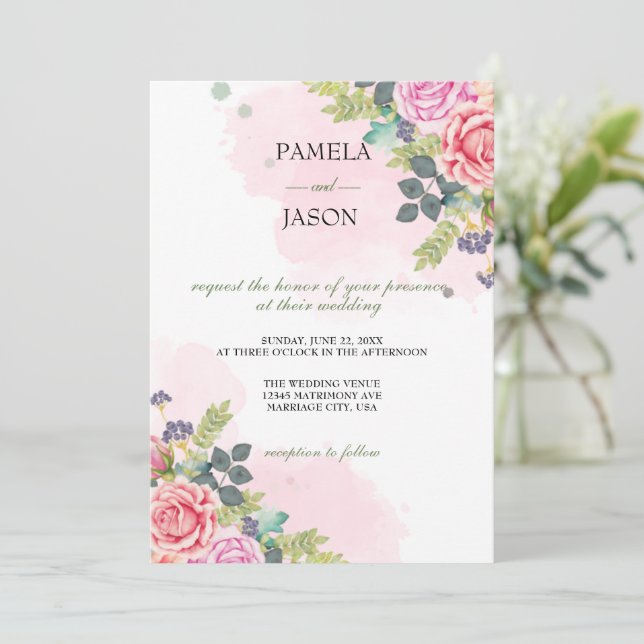 Summer Garden Watercolor Floral wedding Invitation (Standing Front)
