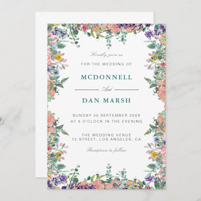 Summer Garden Watercolor Floral Wedding Invitation (Front/Back)