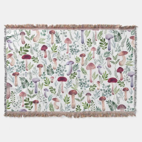 Summer Garden Watercolor Mushrooms  Throw Blanket