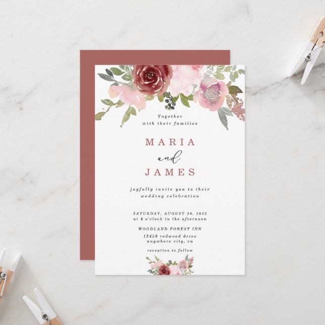 Summer Garden Watercolour Floral Wedding Invitation (Front/Back In Situ)