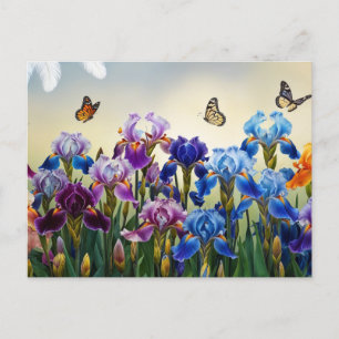 Summer Garden with Iris Flowers and Butterflies Postcard