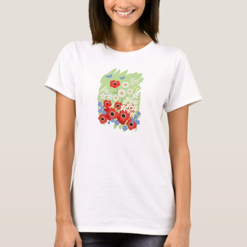Summer garden with poppies and other flowers T_Shirt