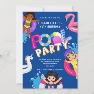 Summer Girls 10th Birthday Pool Party Invitation