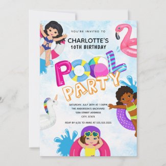 Summer Girls 10th Birthday Pool Party Invitation