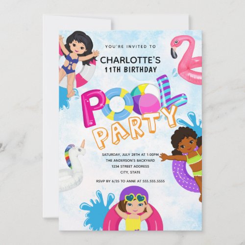 Summer Girls 11th Birthday Pool Party Invitation
