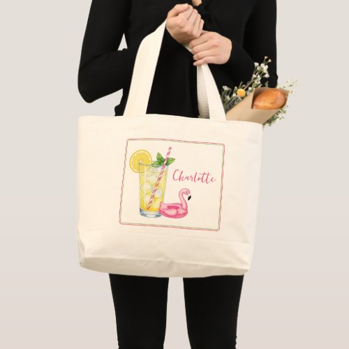 Summer Glass of Lemonade With Flamingo Pool Float Large Tote Bag