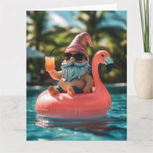 Summer Gnome in Sunglasses on Flamingo Float Card