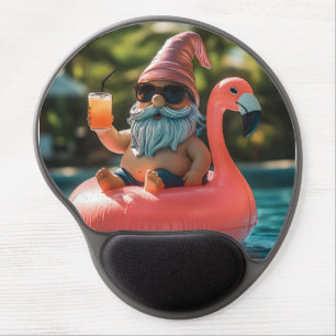 Summer Gnome in Sunglasses on Flamingo Float Gel Mouse Pad