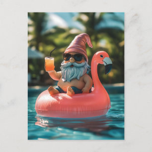 Summer Gnome in Sunglasses on Flamingo Float Holiday Postcard