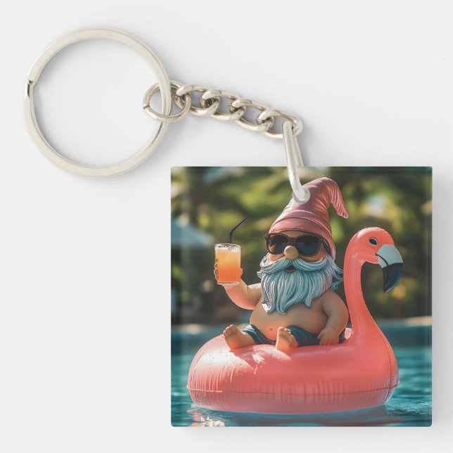 Summer Gnome in Sunglasses on Flamingo Float Keychain (Front)