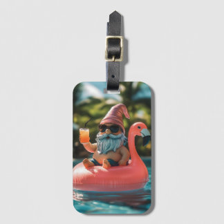 Summer Gnome in Sunglasses on Flamingo Float Luggage Tag