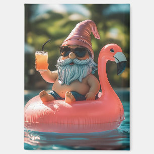 Summer Gnome in Sunglasses on Flamingo Float Magnet