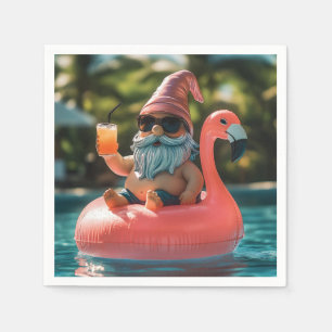 Summer Gnome in Sunglasses on Flamingo Float Napkins