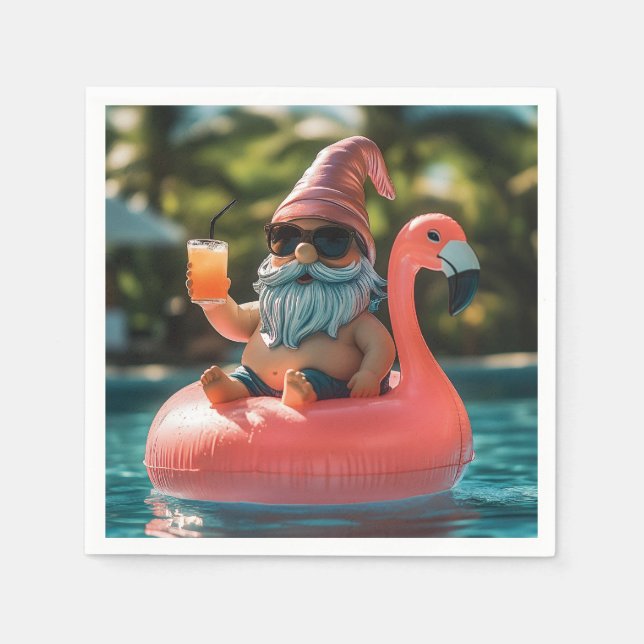 Summer Gnome in Sunglasses on Flamingo Float Napkins (Front)
