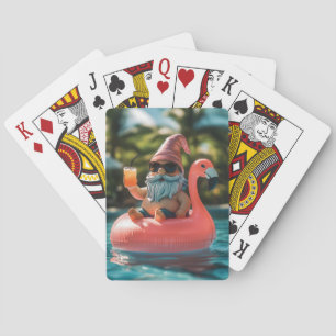 Summer Gnome in Sunglasses on Flamingo Float Poker Cards