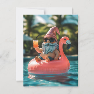 Summer Gnome in Sunglasses on Flamingo Float Postcard
