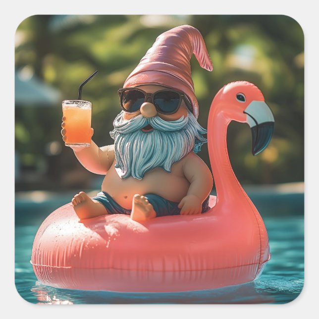 Summer Gnome in Sunglasses on Flamingo Float Square Sticker (Front)