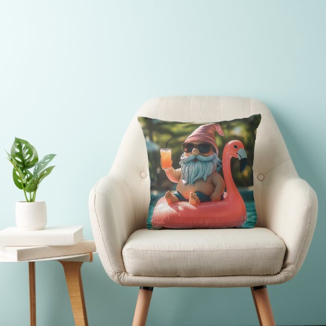 Summer Gnome in Sunglasses on Flamingo Float Throw Pillow (Chair)