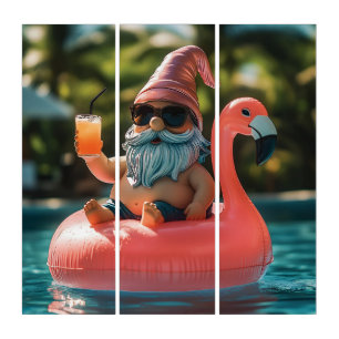 Summer Gnome in Sunglasses on Flamingo Float Triptych