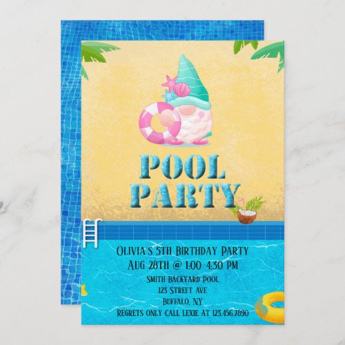 Summer Gnome Pool Birthday Party Invitation