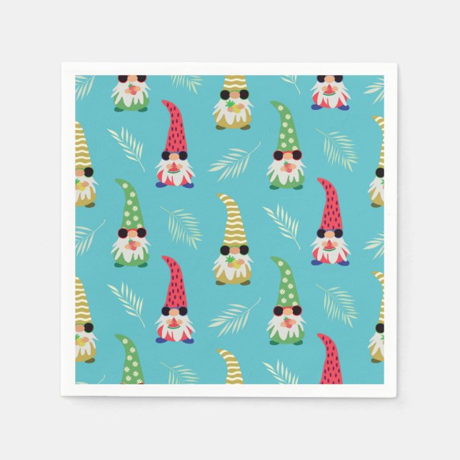 Summer gnomes holding fruits on Blue Pattern  Napkins (Front)