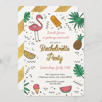 Summer Gold Flamingo Pineapple Bachelorette Party Invitation by LaurEvansDesign at Zazzle