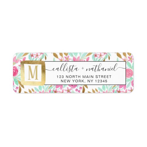 Summer Gold Pink Teal Watercolor Flowers Pattern Label