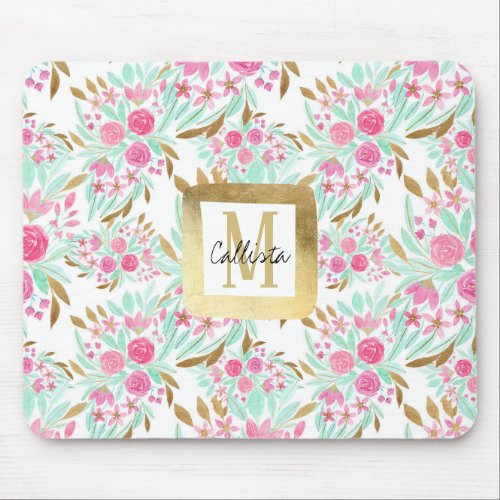 Summer Gold Pink Teal Watercolor Flowers Pattern Mouse Pad