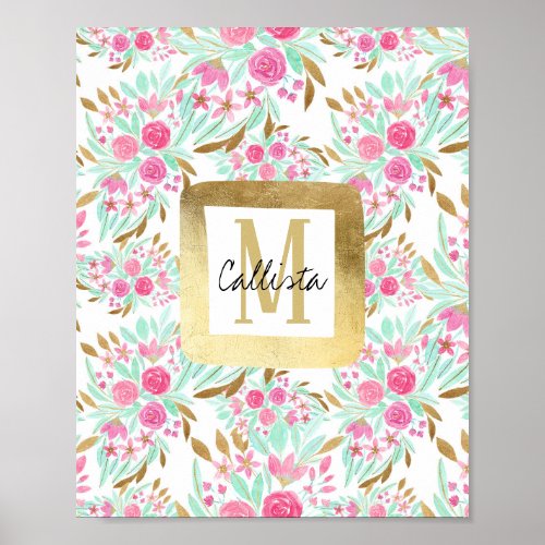 Summer Gold Pink Teal Watercolor Flowers Pattern Poster