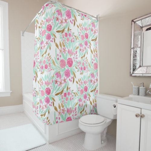 Summer Gold Pink Teal Watercolor Flowers Pattern Shower Curtain