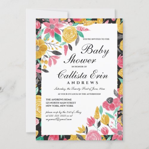 Summer Golden Pink Floral Watercolor Baby Shower Invitation