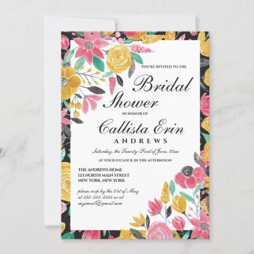 Summer Golden Pink Floral Watercolor Bridal Shower Invitation
