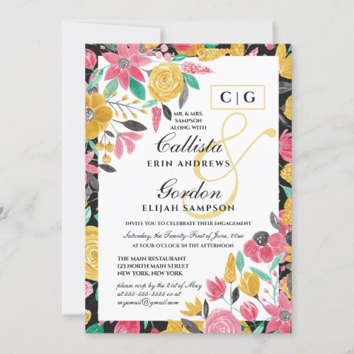 Summer Golden Pink Floral Watercolor Engagement Invitation