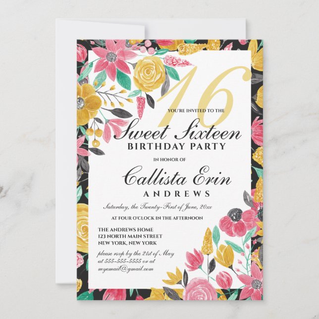 Summer Golden Pink Floral Watercolor Sweet 16 Invitation (Front)