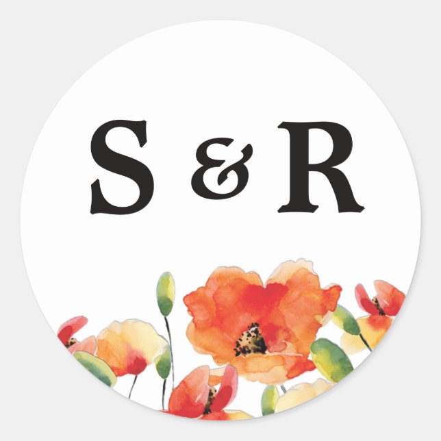 Summer Golden Poppy Wedding Classic Round Sticker (Front)