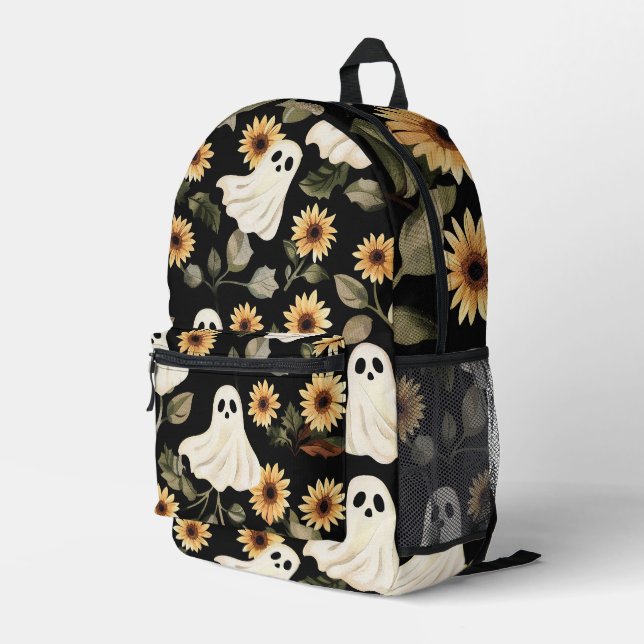 Summer Goth Ghosts and Sunflowers Spooky Printed Backpack (Back Corner Right)