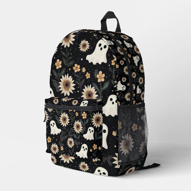 Summer Goth Ghosts and Sunflowers Spooky Printed Backpack (Back Corner Right)