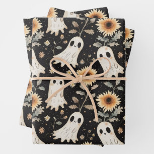 Summer Goth Ghosts and Sunflowers Spooky Wrapping Paper Sheets