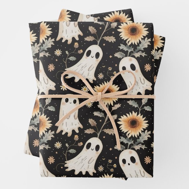Summer Goth Ghosts and Sunflowers Spooky Wrapping Paper Sheets (In situ)
