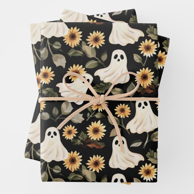 Summer Goth Ghosts and Sunflowers Spooky Wrapping Paper Sheets (In situ)