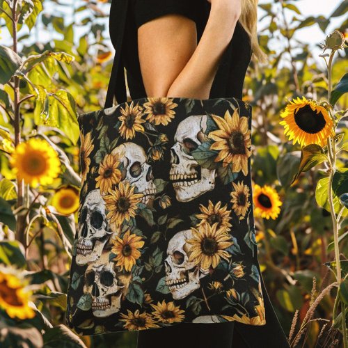 Summer Goth Skulls and Sunflowers Spooky Tote Bag