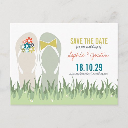 Summer Grass Daisies Cute Flip Flops Save The Date Announcement Postcard