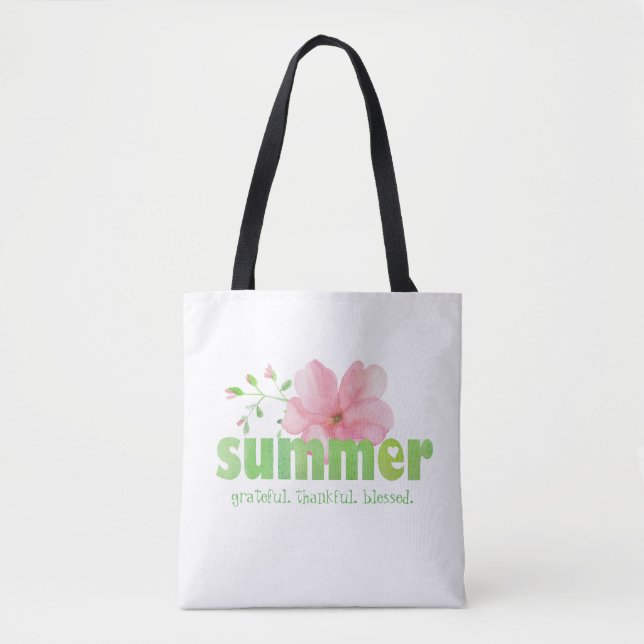Summer Grateful Blessed Pink Flower Watercolor Tote Bag (Front)