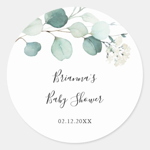 Summer Green Eucalyptus Foliage Baby Shower Favor Classic Round Sticker