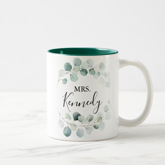 Summer Green Eucalyptus Foliage Mrs Newlywed Bride Two-Tone Coffee Mug (Right)